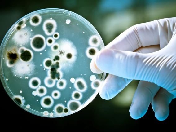 Gloved hand holding a petri dish