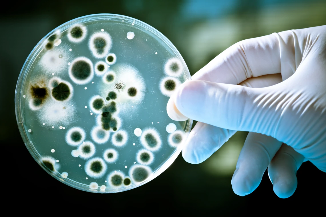 Gloved hand holding a petri dish